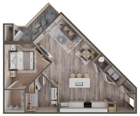 Floor plan for 1 bed, 1 bath, 873 sqft
